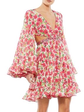 NWT Mac Duggal Floral Cut Out Bell Sleeve Mini Dress Beaded Size 8 Cocktail Glam